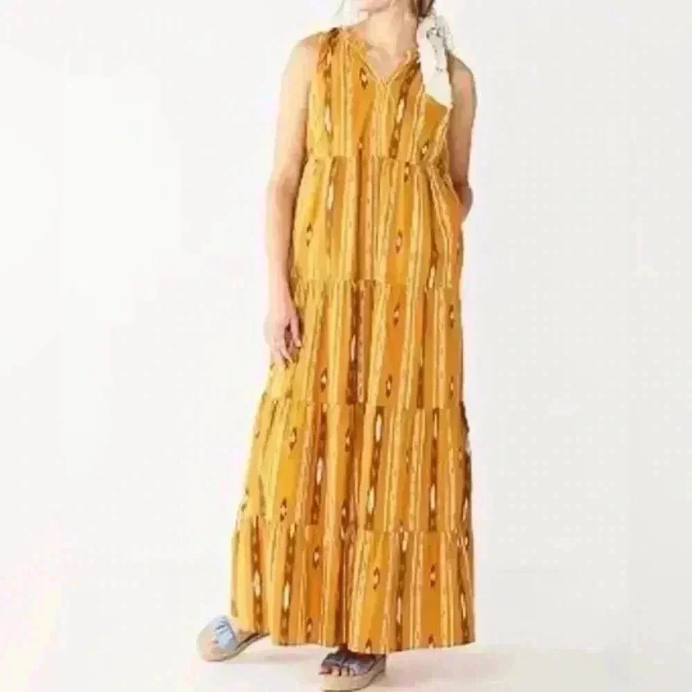 Sonoma Gold Boho Ikat Stripe Tiered Maxi Dress Sleeveless Cotton Size Small